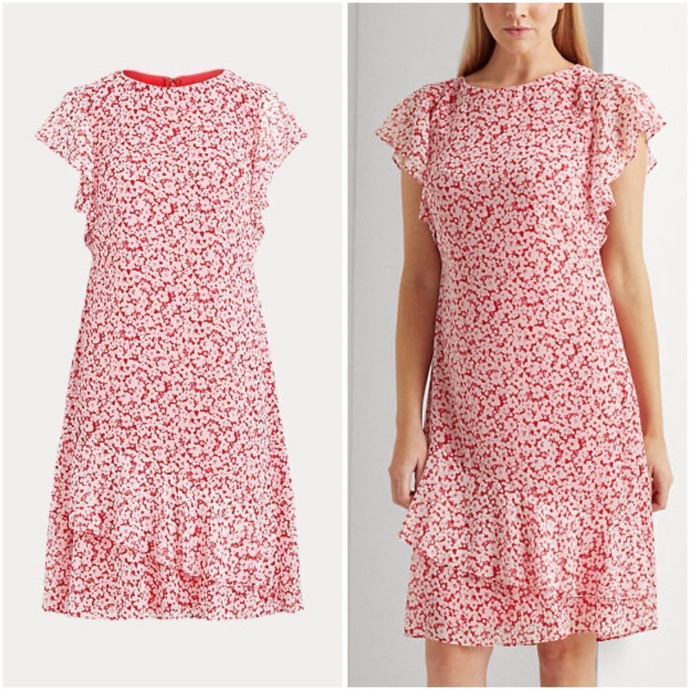 NWT Lauren Ralph Lauren Ruffle Floral Georgette Dress Red and White Size 20W